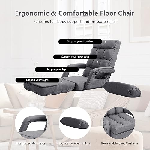 Miniatura 6 de Giantex Chaise Lounge - Sillón plegable multiusos para interiores con 6 posiciones ajustables, reposabrazos integrados, almohada lumbar, asiento
