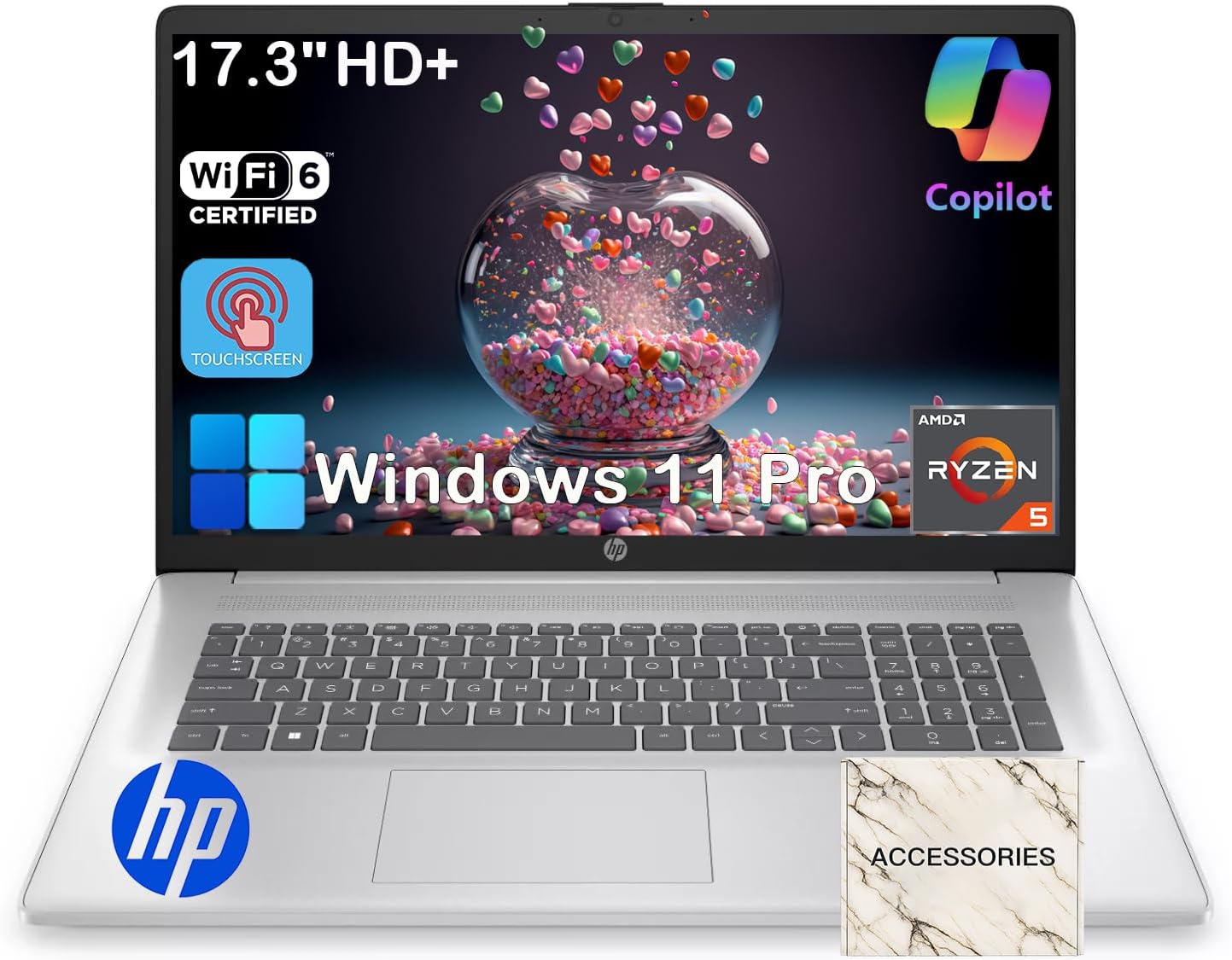HP 2025 New 17 Touchscreen Laptop Computer - 17.3" HD+ AntiGlare Display โข AMD Ryzen 5 7430U โข Wifi6 โข Win11 Pro โข Copilot Fast Charge โข for Business & Student โข w/Accessories (64GB RAM, 2TB SSD)