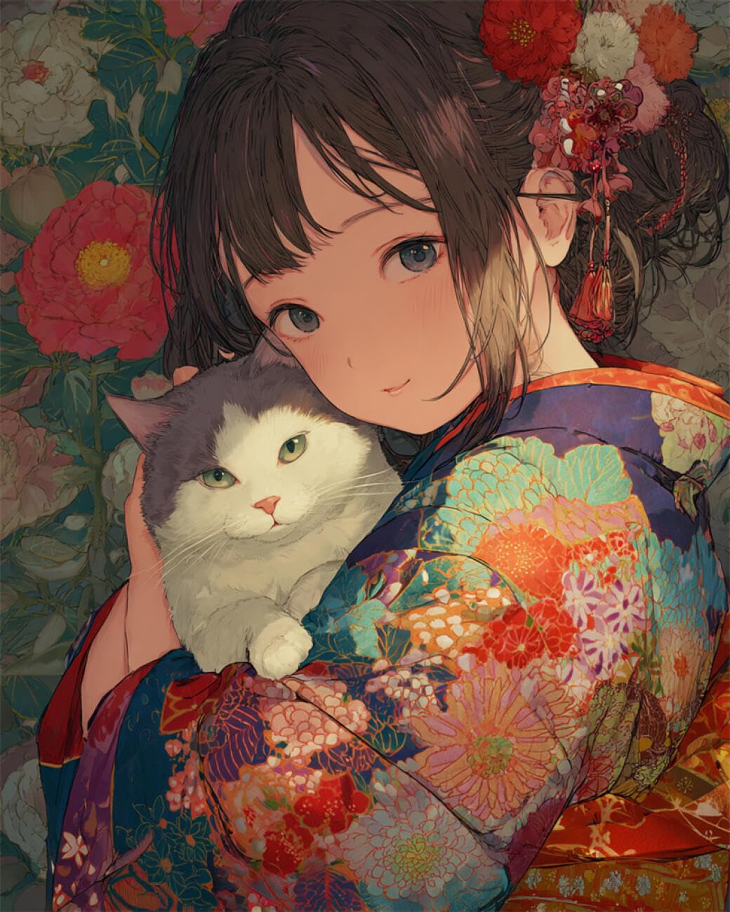 RKFLGEW Animal 14CT Printed Cross Stitch Kits Kimono Girl and Fox Embroidery Kit for Beginners Adult DIY Cross Stitches Needlepoint Set Home Decoration 40x50cm