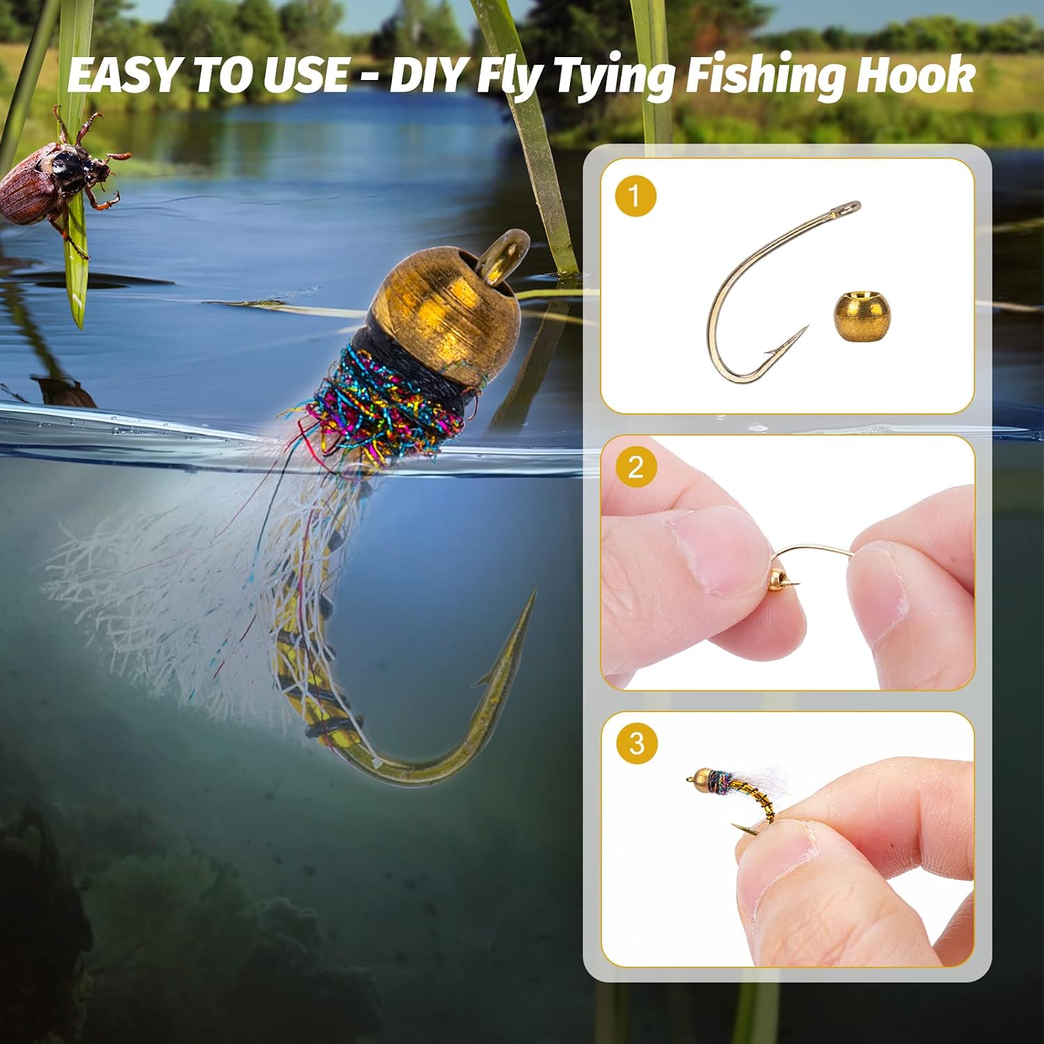 Goture 240/520pcs Fly Fishing Hooks and Beads Set Nymph Hook Dry Fly Hook Fly Tying Beads Head Ball Carbon Steel Fly Tying Hooks