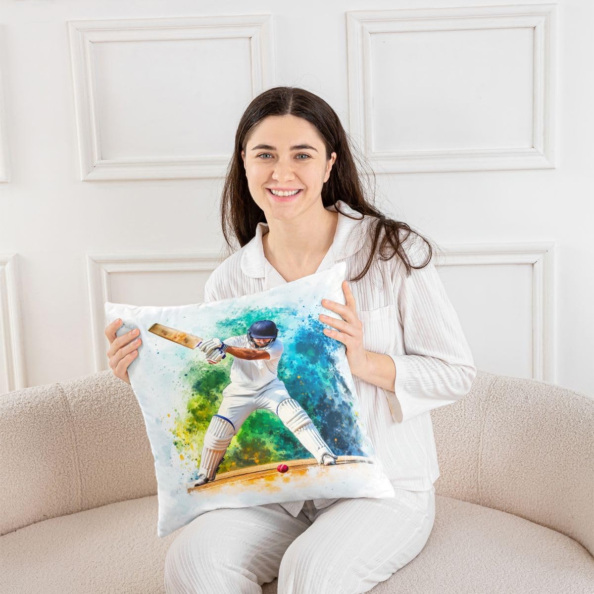 Erosebridal Watercolor Cricket Batsman Throw Pillow Covers 16X16 Set of 2 Cricket Player Pillow Covers Blue Green Watercolor Splatter Cushion Cover Sports Aesthetic Pillowcasess for Couch Sofa image 4