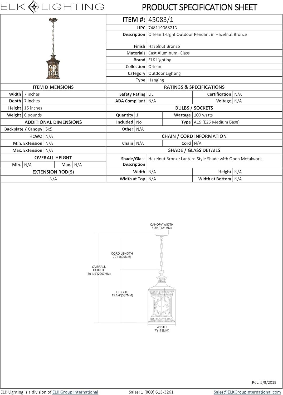 Up To 40% OFF ELK Lighting 45083/1 Orleans Collection 1 Light Outdoor Pendant, 15 x 7 x 7, Hazelnut Bronze