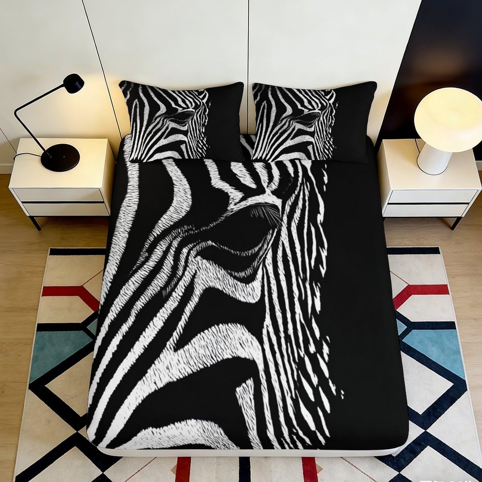 3D Printed Zebra Stripe Fitted Sheet Microfiber Black and White Animal Pattern Mattress Cover for Bedroom Dorm Decor 200x200x25cm