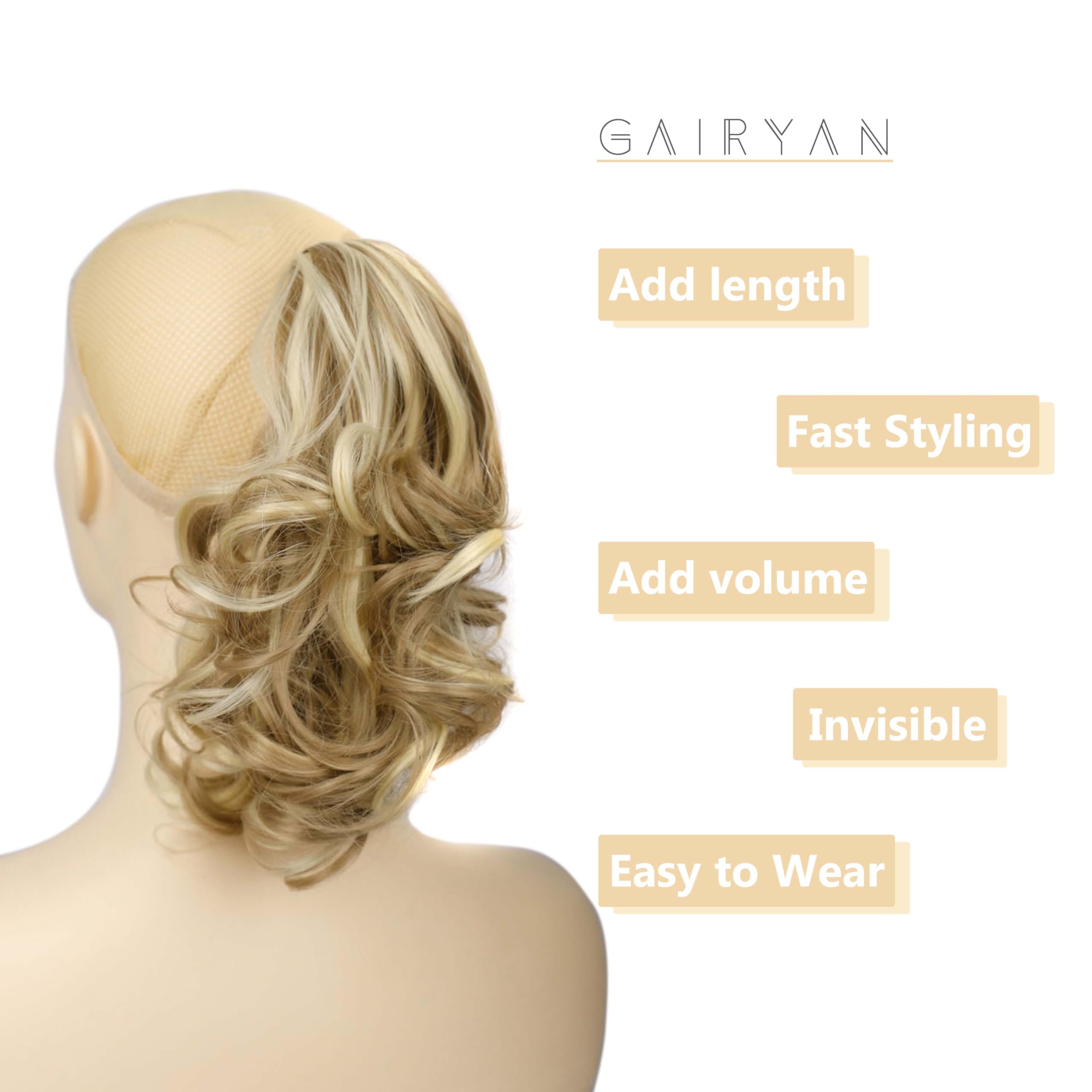 Gairyan 10" Clip in Ponytail Hair Extensions Curly Ponytail Extension Claw on Pony tails Wavy Synthetic Hairpieces for Women Real Natural Short Wave, Sandy Blonde/Bleach Blonde - Image 4