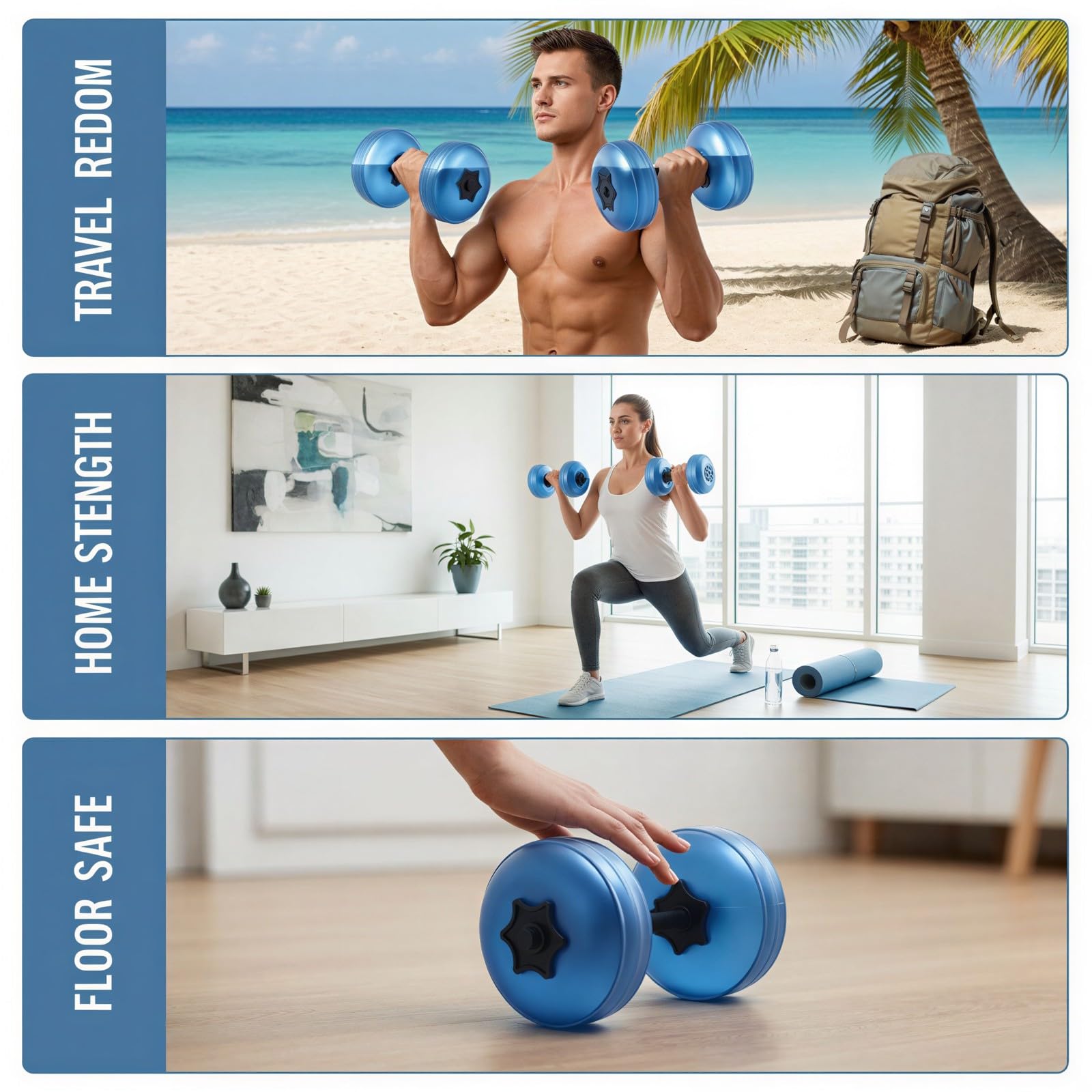 2 manubri ad acqua, peso regolabile 8-10 kg, gonfiabili, blu, da viaggio, per allenamento in palestra a casa, in PVC e acciaio, 34 x 21,1 cm, per esercizi di fitness