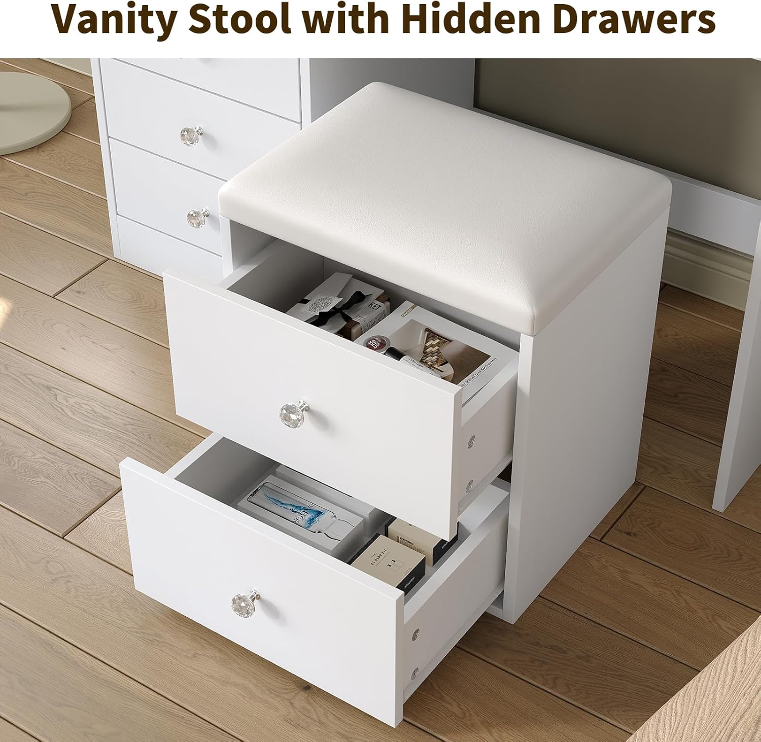 72'' Tall Vanity Desk with LED Mirror, 6 Drawers Makeup Vanity with Charging Station, 2 Transparent Cabinets & 3 Shelves, Glass Top Vanity Set with Storage Stool for Bedroom, White