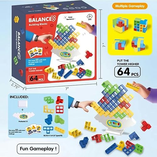 Miniatura 6 de Juego de torre apilable de 64 piezas con 22 cartas, juego gigante de equilibrio de caída para la familia, regalos ideales para nietos, rellenos de