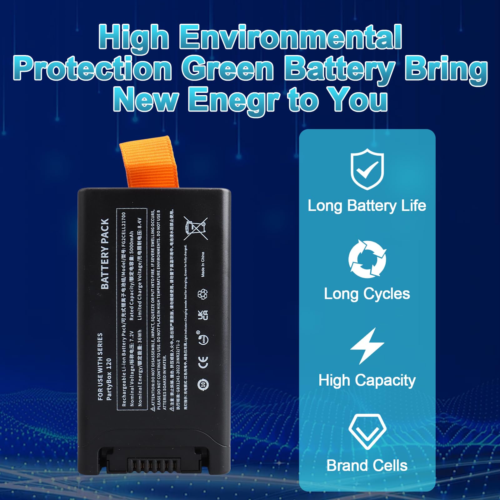 5000mAh Batteria di Ricambio Compatibile con l'altoparlante Portatile JBL PartyBox Club 120, Batteria di Rcambio Agli ad Alta Capacità da 7,2V 36 Wh con Connettore Type-C (JBL Partybox 120)