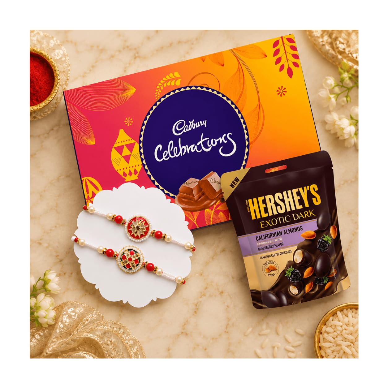 TIED RIBBONS Rakhi for Brother Chocolates combo with Gift - Set of 2 Premium Rakhi with Chocolates Pack and Roli Chawal - Rakhi Gift for Brother