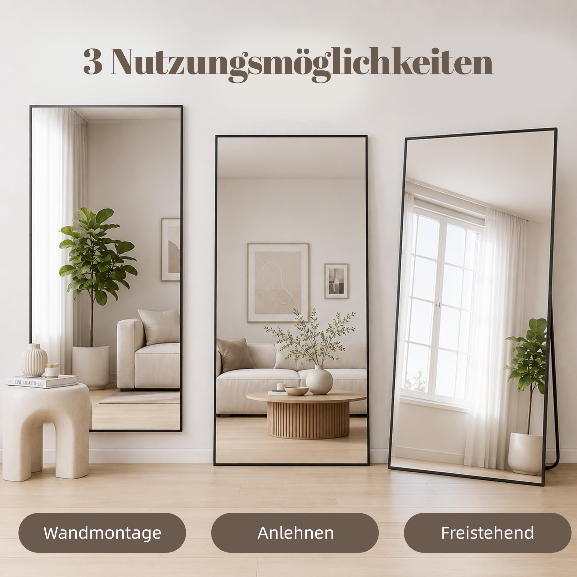 Aplancee Ganzkörperspiegel Standspiegel 190x85 cm, Großer Bodenspiegel zum Anlehnen oder Aufhängen, Rechteckig HD-Spiegel für Ankleidezimmer Schlafzimmer Wohnzimmer, Schwarz