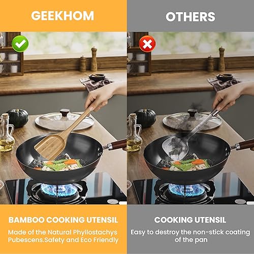Miniatura 3 de GEEKHOM Espátulas de bambú para utensilios de cocina antiadherentes, utensilios de cocina de madera de 13 pulgadas, paquete de 2 espátulas planas de