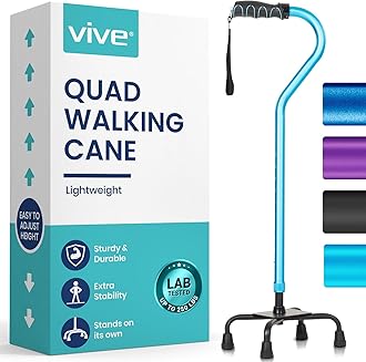 Vive Quad Cane Walking Stick Lightweight Adjustable Staff Comfortable Right And Left Hand Grip For Stability Support Four Prong Sturdy Aluminum Travel Aid 4 Tip One Size Blue