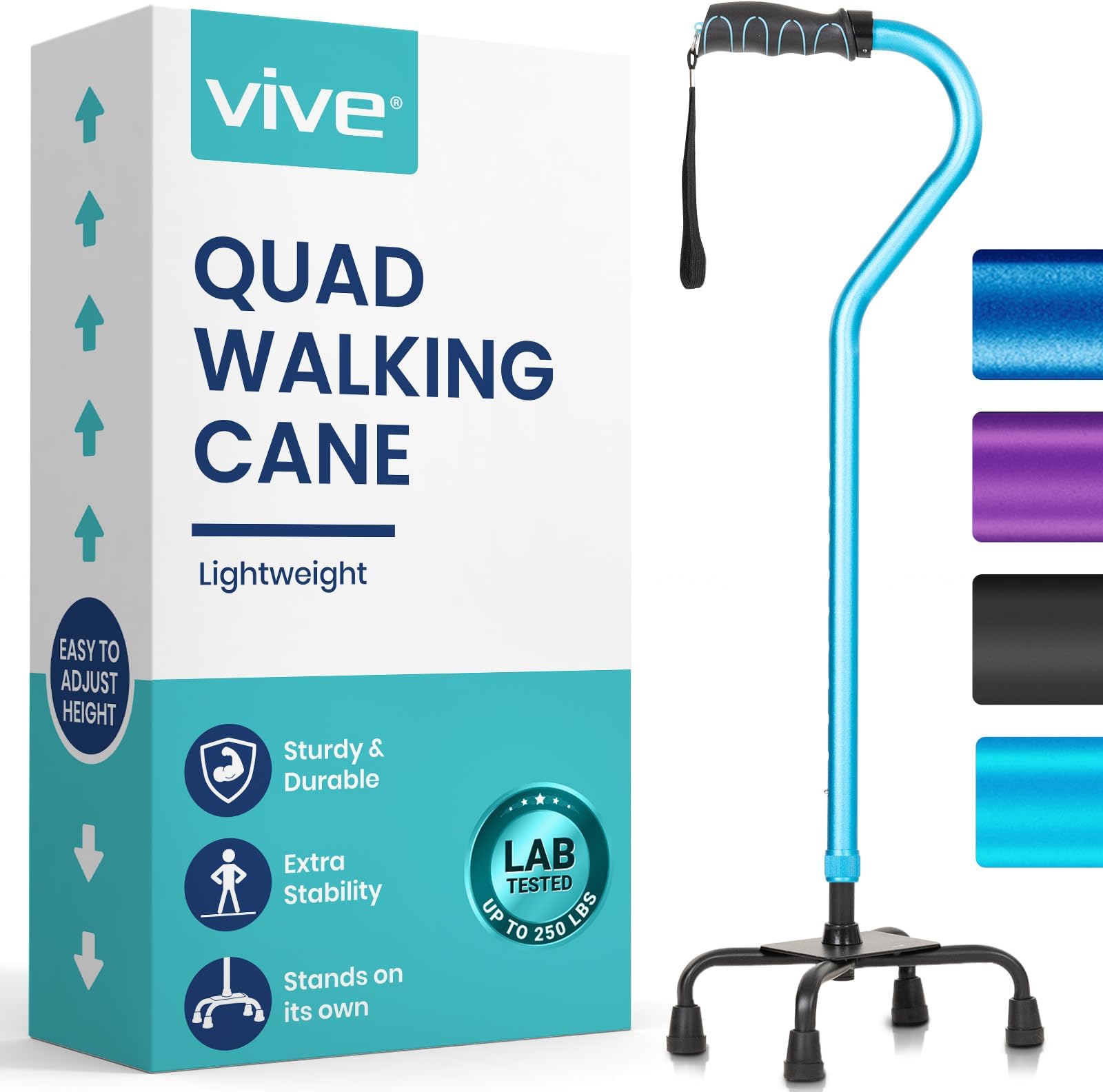 Vive Quad Cane - Walking Stick for Men and Women - Lightweight Adjustable Staff - Comfortable Right and Left Hand Grip for Stability Support - Four Prong Sturdy Aluminum Travel Aid - 4 Tip Blue