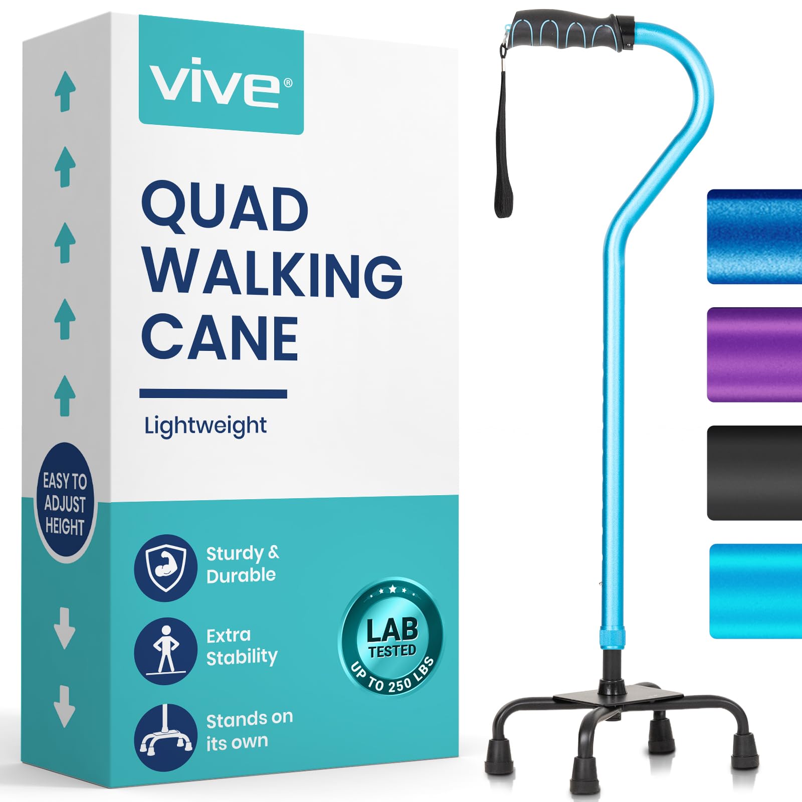 Vive Quad Cane Walking Stick Lightweight Adjustable Staff Comfortable Right And Left Hand Grip For Stability Support Four Prong Sturdy Aluminum Travel Aid 4 Tip One Size Blue
