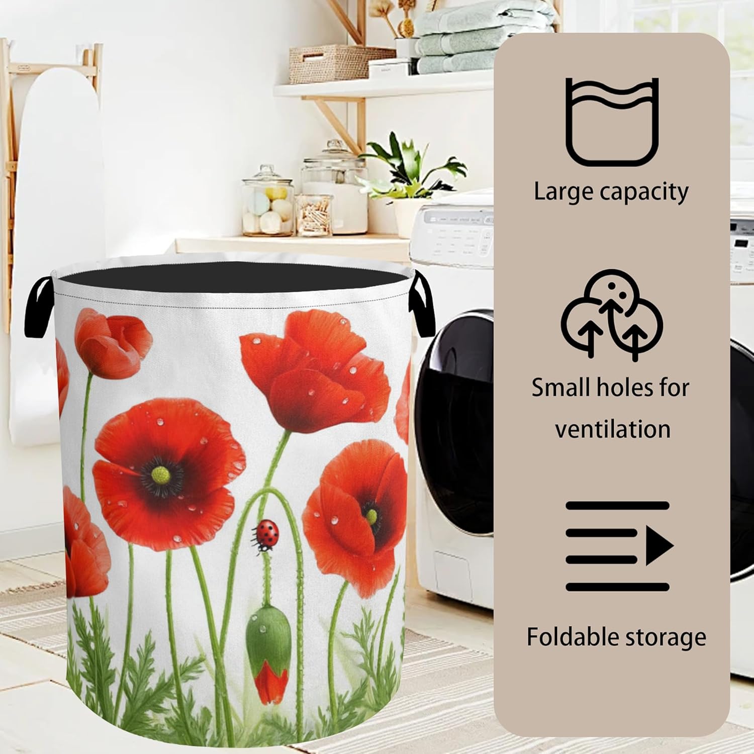Red Flower Laundry Basket - Heavy Duty 60L Dirty Clothes Organizer, Water Resistant Foldable Hamper for Men Women
