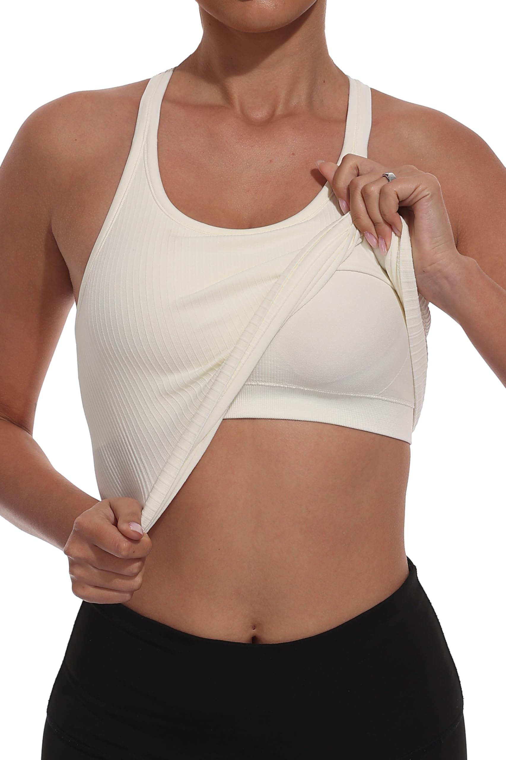 Ribbed Racerback Seamless Workout Tank Top with Built-in Bra for Women