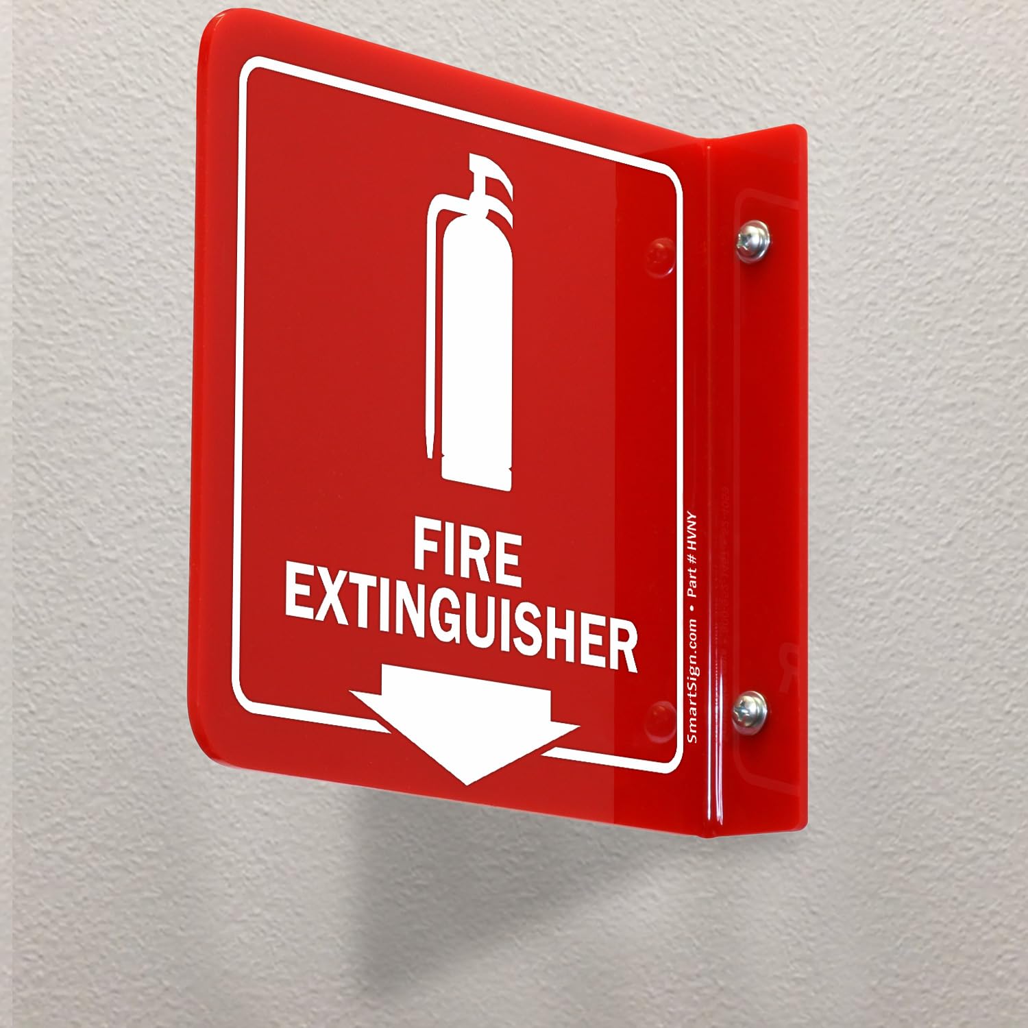 SmartSign Letrero de proyección de extintor de incendios, 6 x 6 pulgadas, acrílico pulido de dos caras para montaje en pared con flecha hacia abajo, blanco sobre rojo, fabricado en Estados Unidos