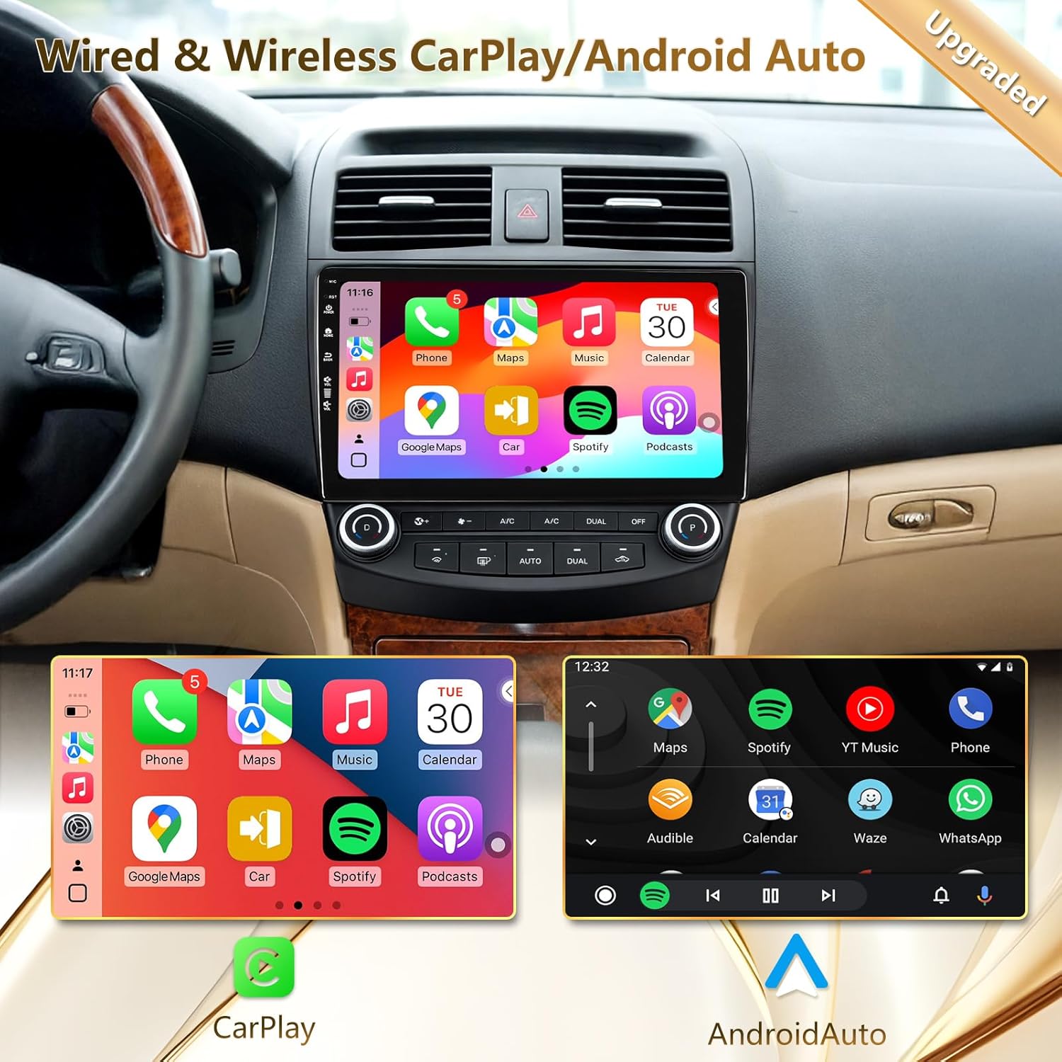 Car Radio Stereo for Accord 7th 2003-2007, Android 13/QLED IPS Touch Screen/Wireless Carplay/Android Auto/Bluetooth/GPS Navigation/WiFi/5G/HD Back-up Camera/SWC/FM