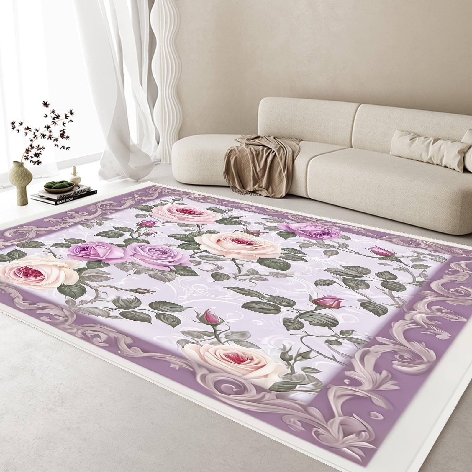 JYDWEI Purple and Pink Rose 2 * 3ft Area Rugs Machine Washable Rugs Low Pile Rugs Non-Shedding Area Rugs Floral Rugs Artistic Rugs for Living Room