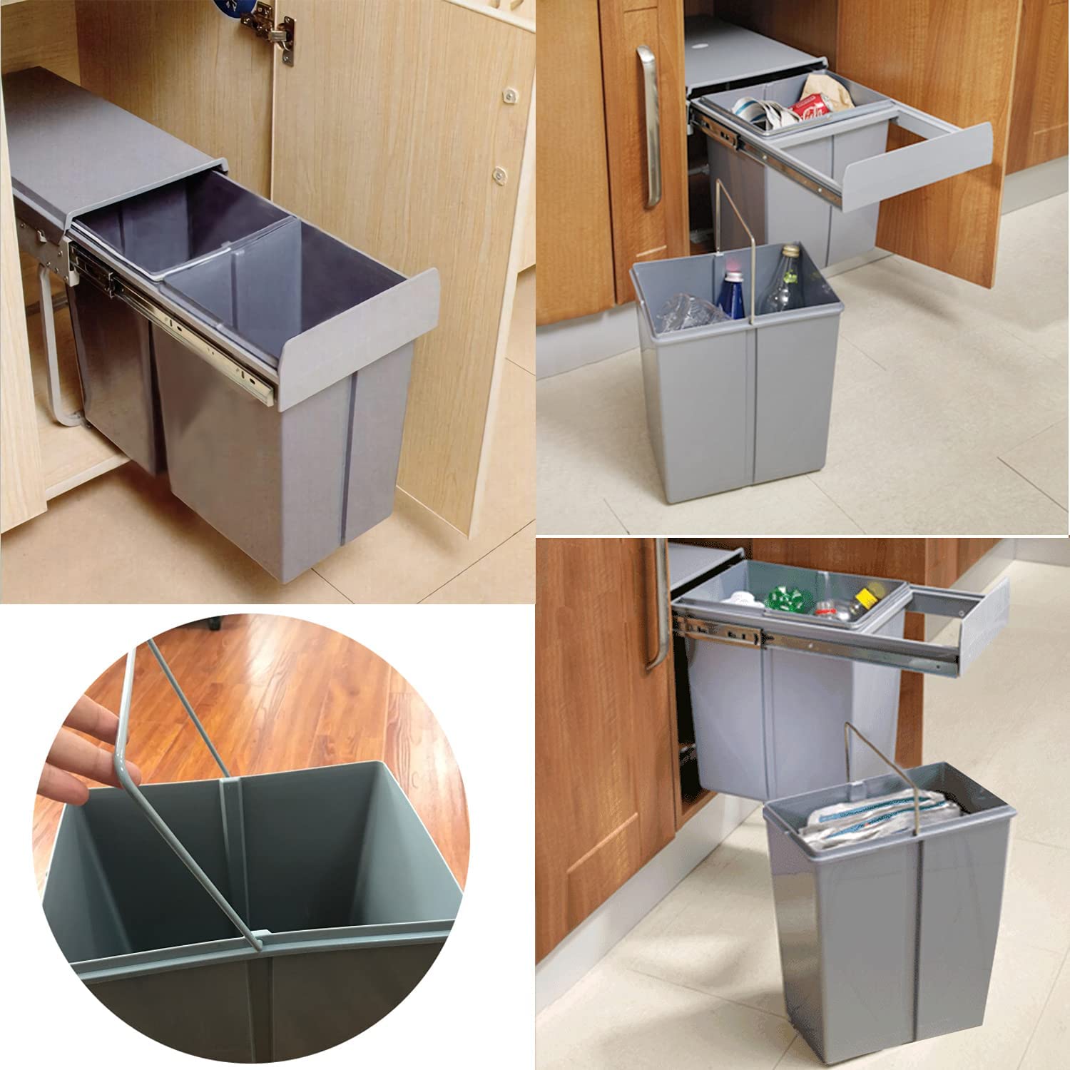 Poubelle De Cuisine Encastrable 2 X 20L - Tiroir Extensible - Système Tri Sélectif - Grise - Pour Meuble Sous évier