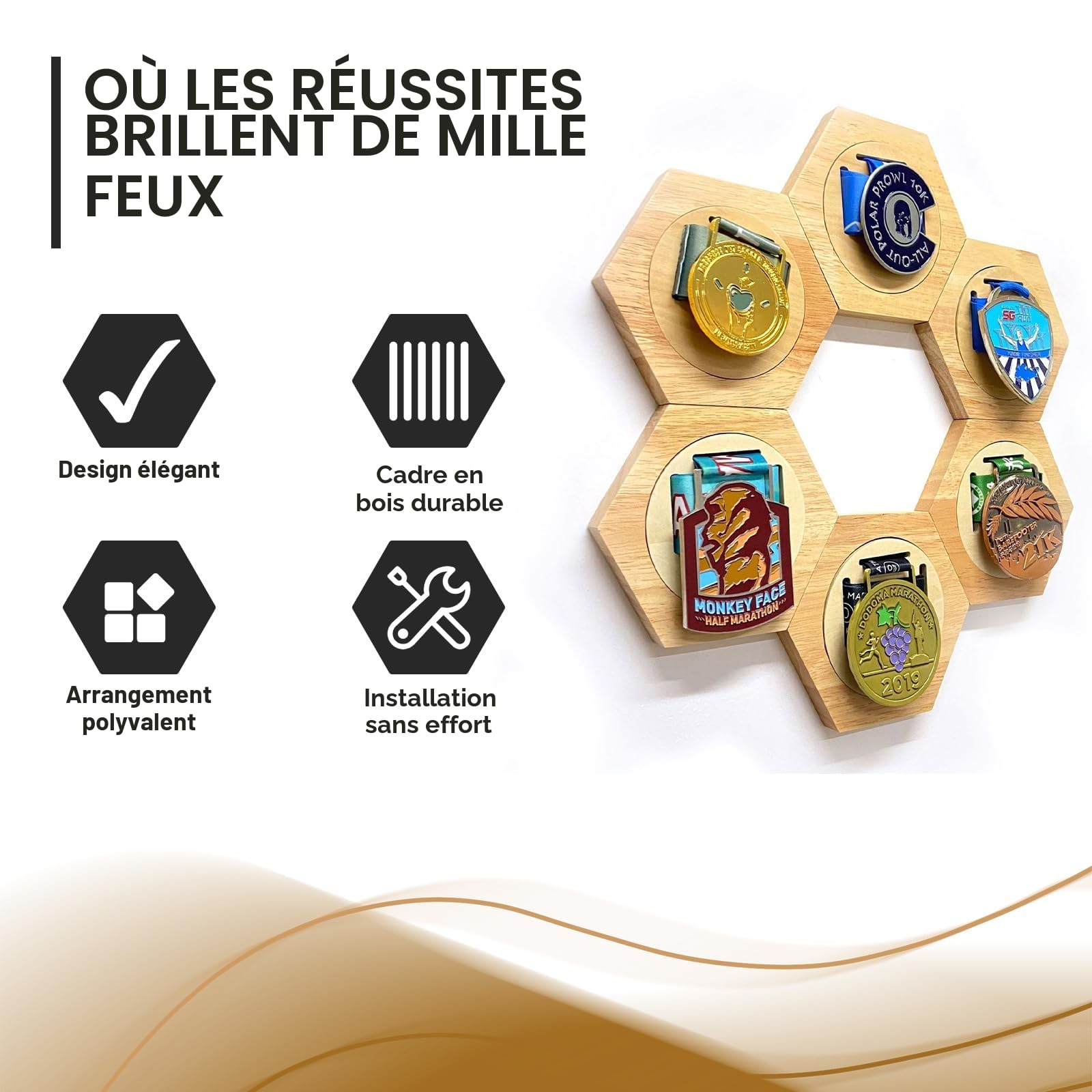 Porte-médailles avec présentoir, porte-médailles de course, support en nid d'abeille pour mur - Idéal pour les sports, les marathons et les championnats - Élégant coffret à médailles en bois
