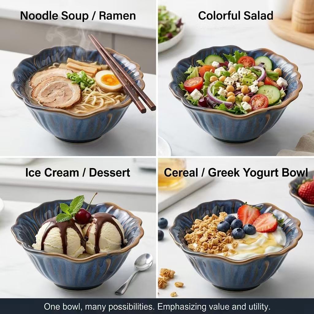 HVH Ceramic Cereal Bowls Set of 4, 24 oz Soup Bowls Microwave Safe, Flower-shaped Reactive Glaze Ceramic Bowls for Kitchen, Salad, Oatmeal, Fruit, Noodle & Rice, Corn Poppy Series (Reactive Darkblue)