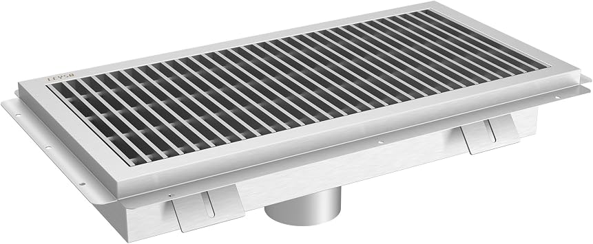 Leyso 12" x 24" 14-Gauge Stainless Steel Floor Trough with Removable Grate and Strainer Basket, commercial Floor Drainer used for Restaurants Kitchen, Hotels, Industrial Facilities.