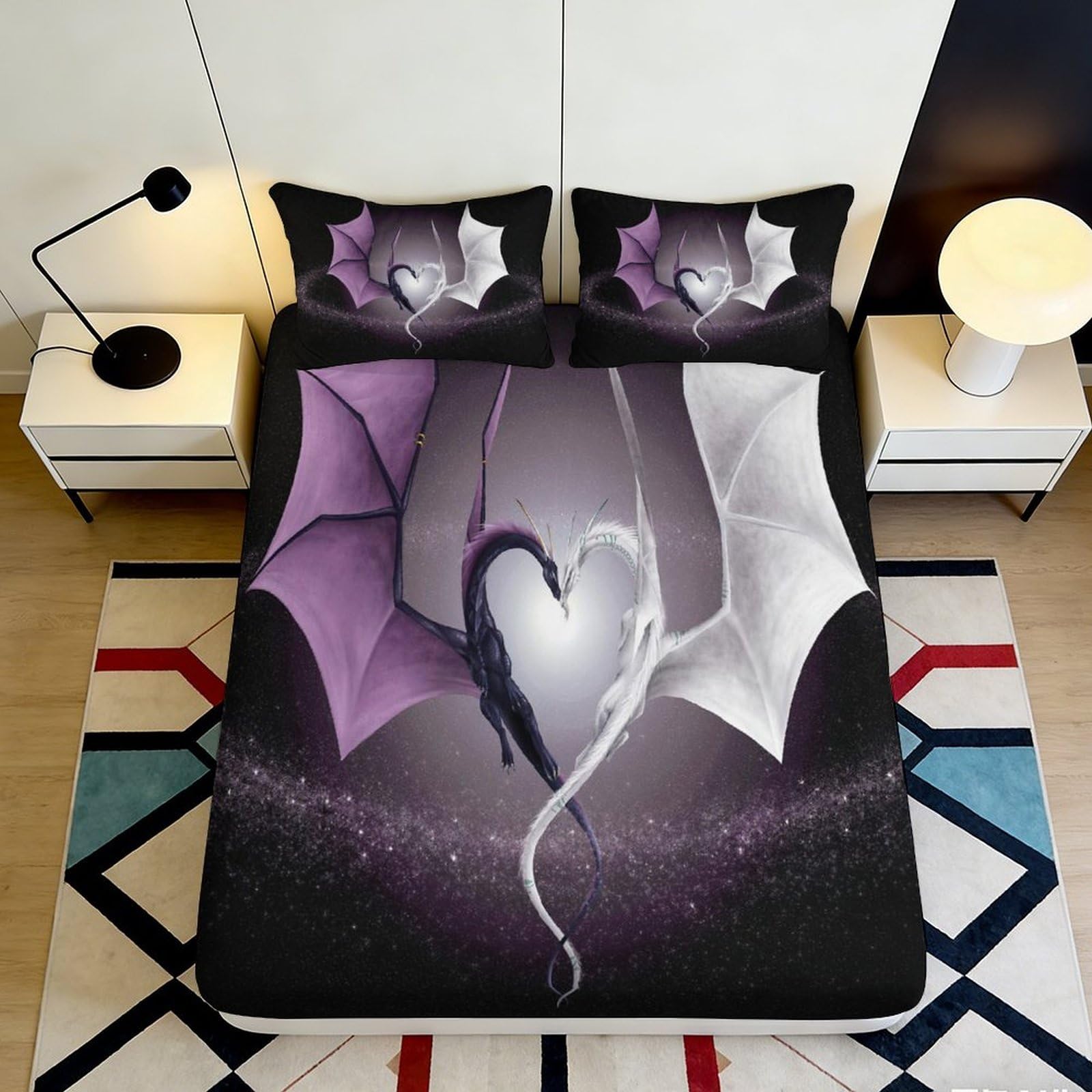 Dhbaneiok Style-8 3D Printed Dragon Wing Fitted Sheet Microfiber Soft Purple Black Fantasy Mattress Cover Bedroom Decor 90X200x25cm