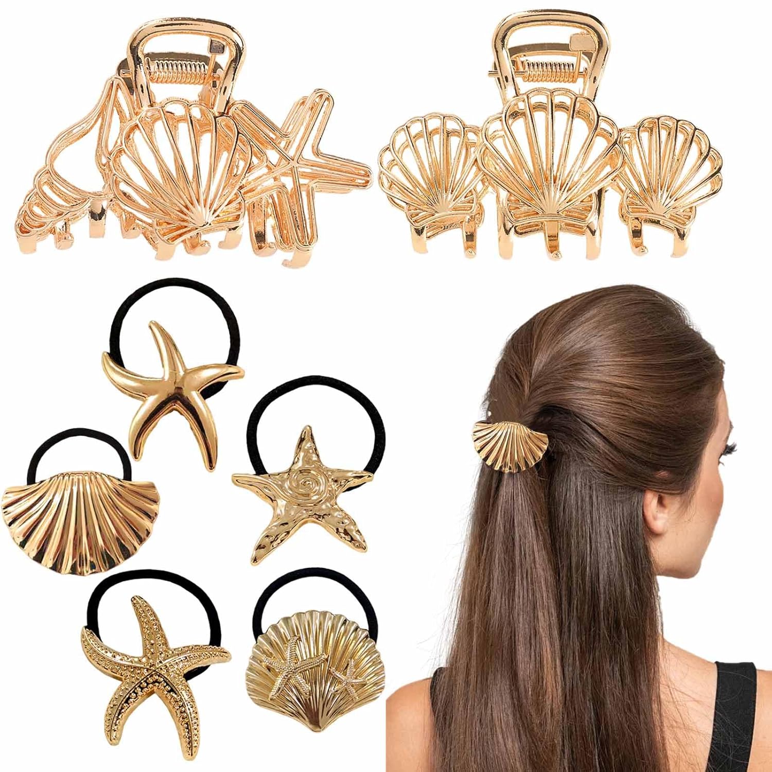 7 PCS Metal Shell Claw Clips Starfish Hair Clip Gold Large Seashell Hair Claw Clips Fashion Anti-slip Starfish Hair Ties Cute Marine Animals Hair Accessories for Women Girls Hairstyle Decoration