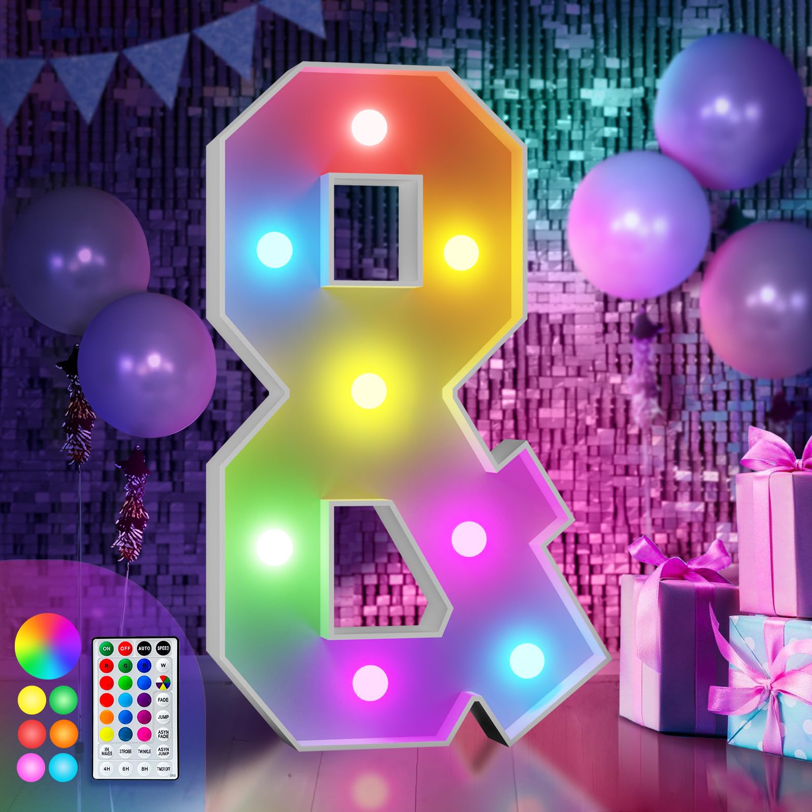 Imprsv Letras coloridas de marquesina de 3 pies y letras grandes iluminadas de 18 colores | RGB con control remoto, decoraciones de fiesta de cumpleaños, aniversario, boda, requiere montaje, juego de 22 accesorios