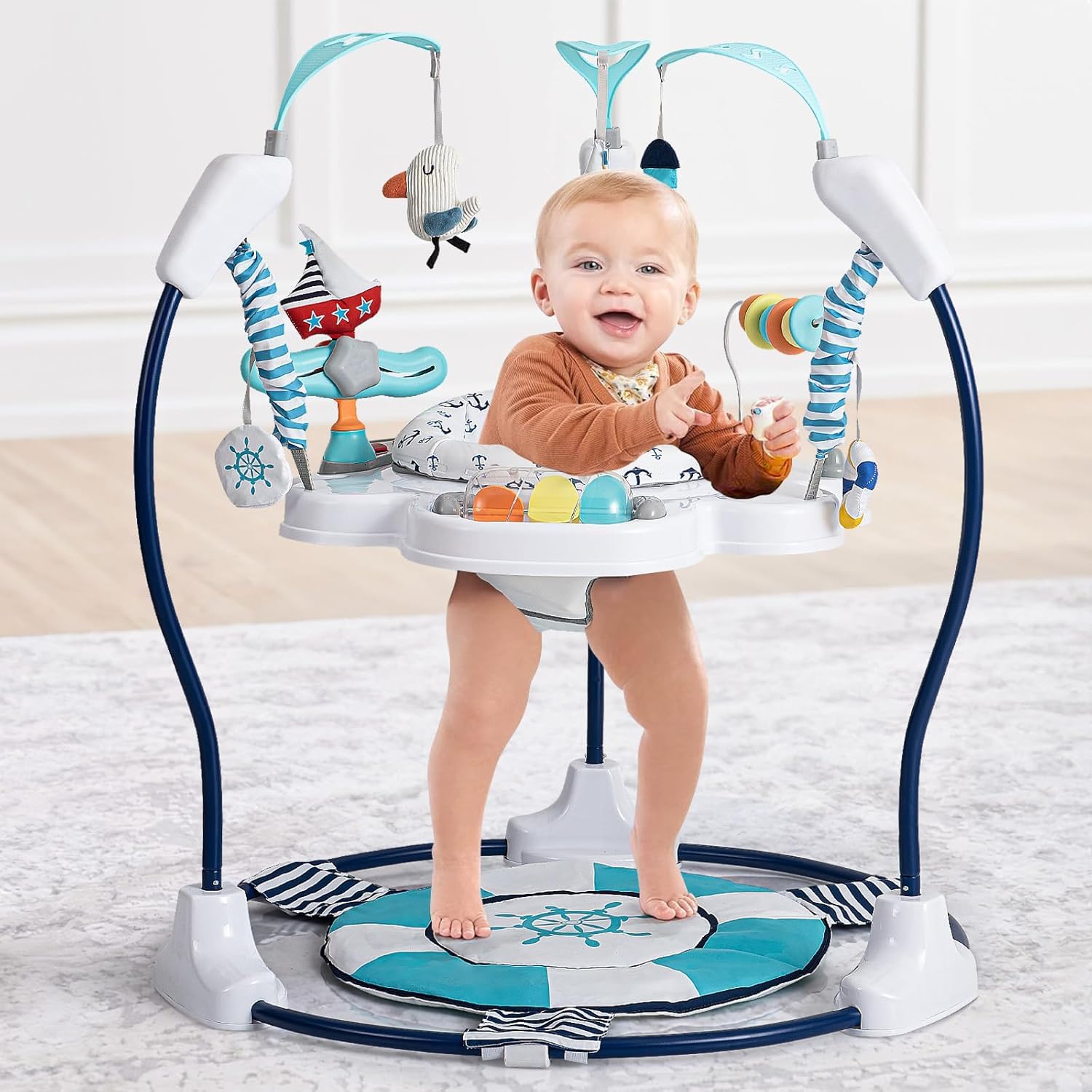 LADIDA Stationäres Aktivitätszentrum für Babys, Babywippe, springend, 360 °, mit Musikspielzeug und verstellbaren Höhen (Marineblau)