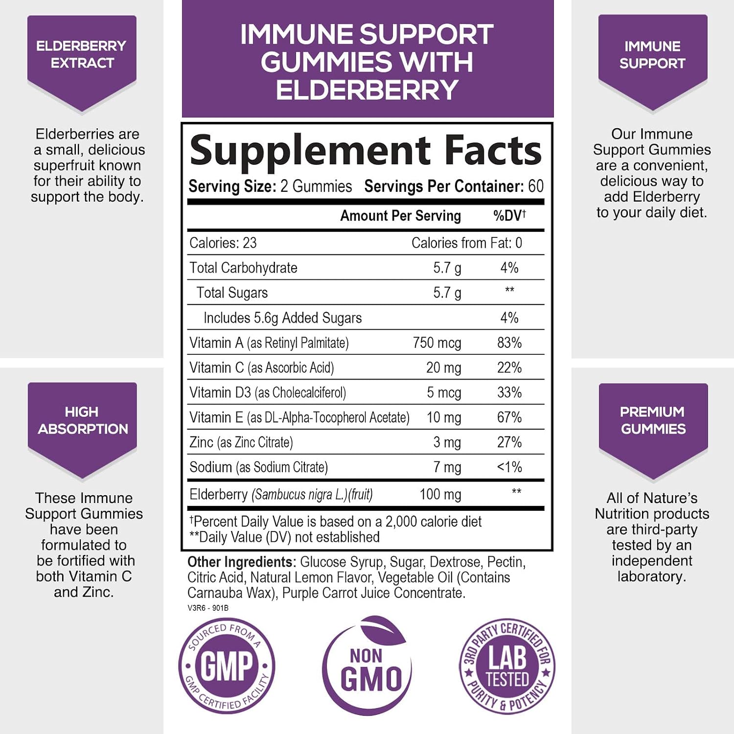 Immune Support Gummies with Elderberry Extract, Zinc & Vitamin C Gummy, Nature's Natural Vegan Immune Support Sambucus Black Supplement for Adults & Children, Delicious Elderberry Gummy - 120 Gummies
