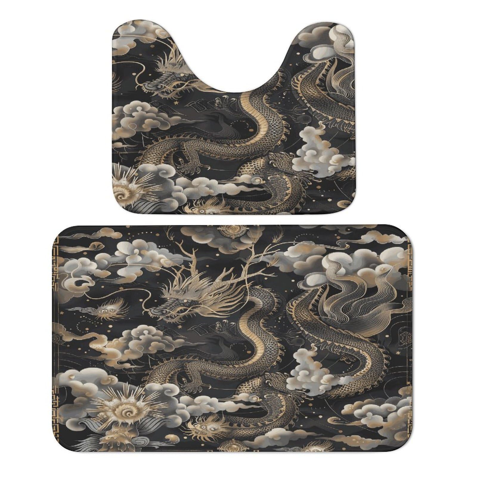 Tapis de bain dragon chinois noir en polaire corail avec contour WC U
