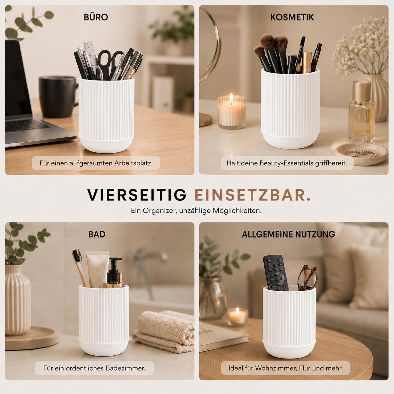 CABU Stiftehalter Weiß 3er Set – Minimalistischer Schreibtisch Organizer – Multifunktionaler Stiftebecher & Pinselhalter aus robustem Kunststoff – Modern Matt für Büro, Homeoffice & Kosmetik