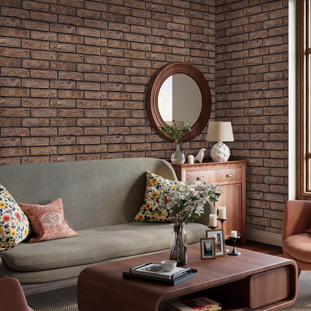 commomy 3d faux brick wall panels peel and stick - 10 pcs 11.8”x 11.8”small size pvc brick backsplash wall tiles brown brick wallpaper for kitchen,bedroom,bathroom,living room,fireplace,rv brick-wu