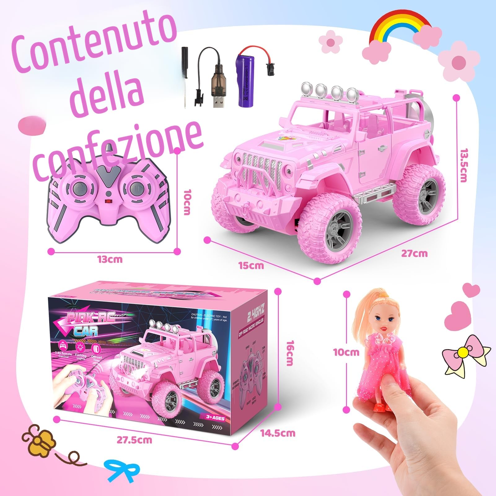HappyGoLucky Macchina Telecomandata per Bambini con Bambola, Giochi Bmbina 3-10 Anni, Regalo Bambina, Auto Telecomandato 4x4 Jeep SUV Truck