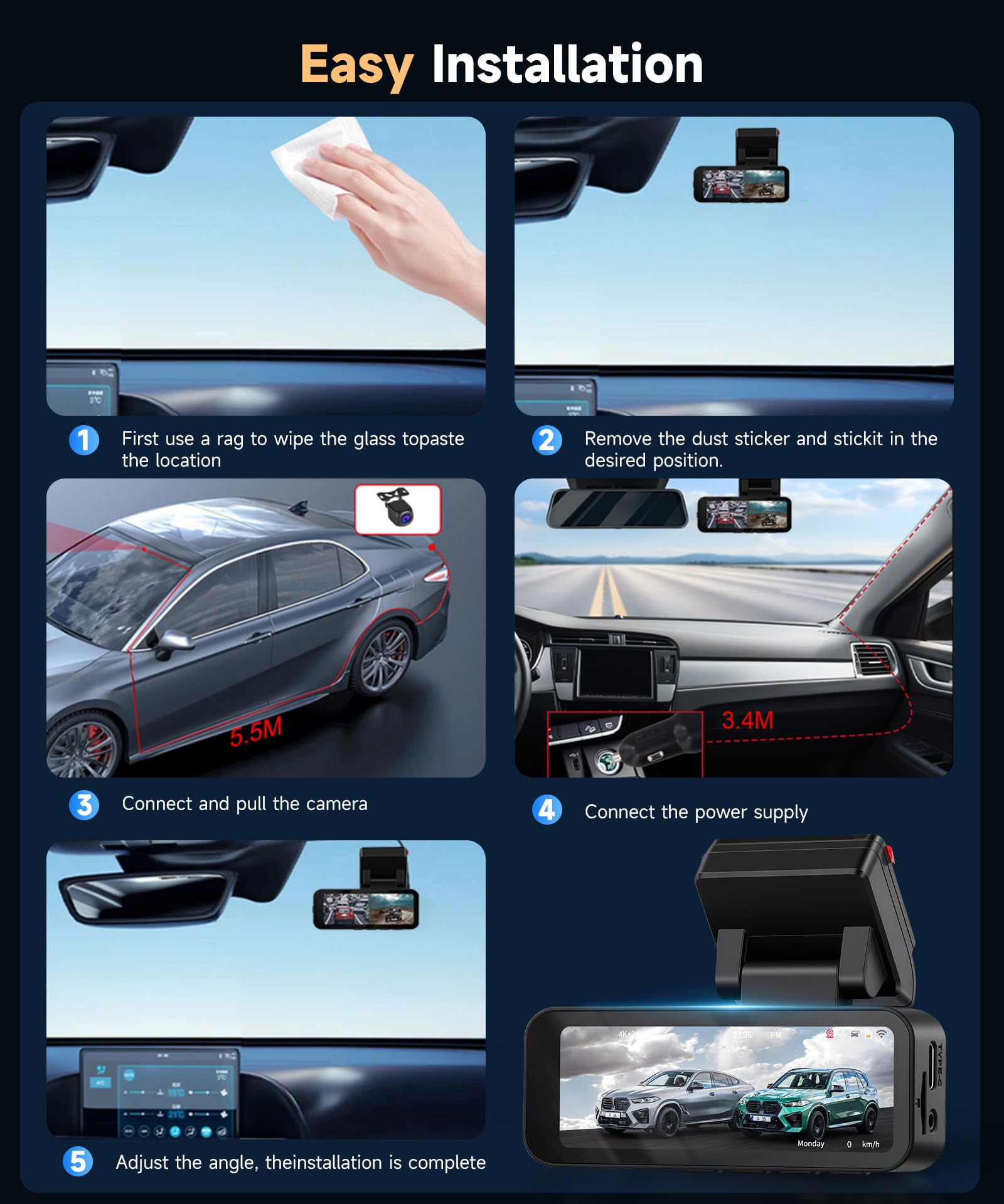 VECHTEL 4K+2K Dashcam Auto Anteriore Posteriore con WiFi 5.8G+2.4G, 2*Telecamera Auto 1080P, Schermo IPS 3.16 Pollici, Monitoraggio Parcheggio 24H, Visione Notturna, Sensore G, con Scheda 64GB