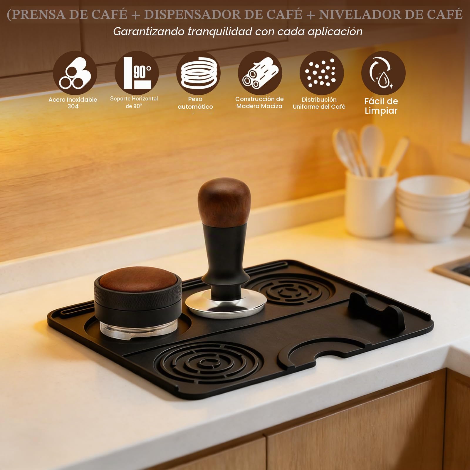 Tamper Café 58 mm Profesional, Dispensador de polvo de 58 mm y Alfombra de silicona – Kit Barista Premium para Espresso, Base Inox, Mango Madera, Herramienta de Tasado Compatible con Portafiltros, 58