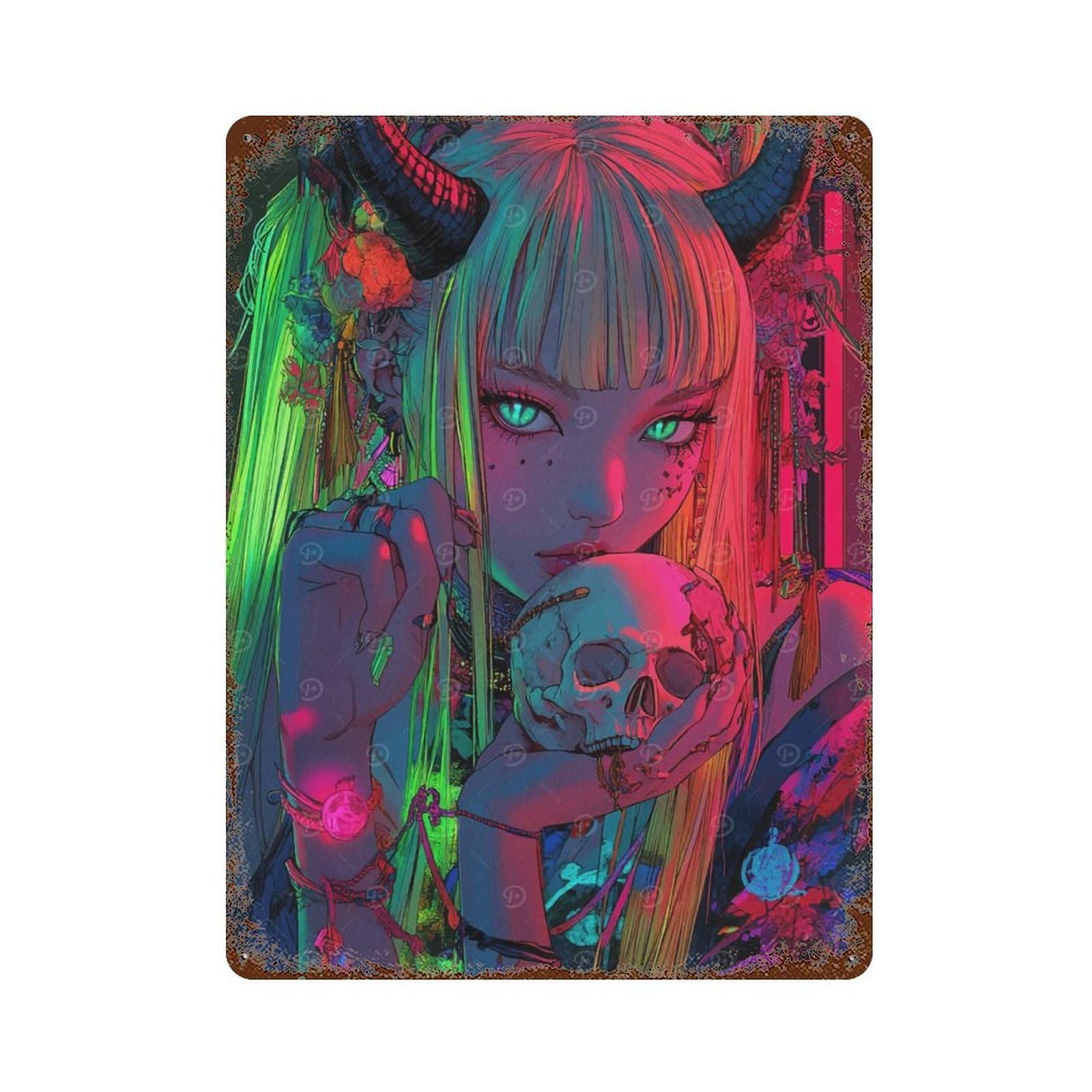 Demon Girl with Skull Retro Metal Sign 15.7"x11.8", Decorative Metal Wall Art for Basement, Hobby Room And Garage Decor