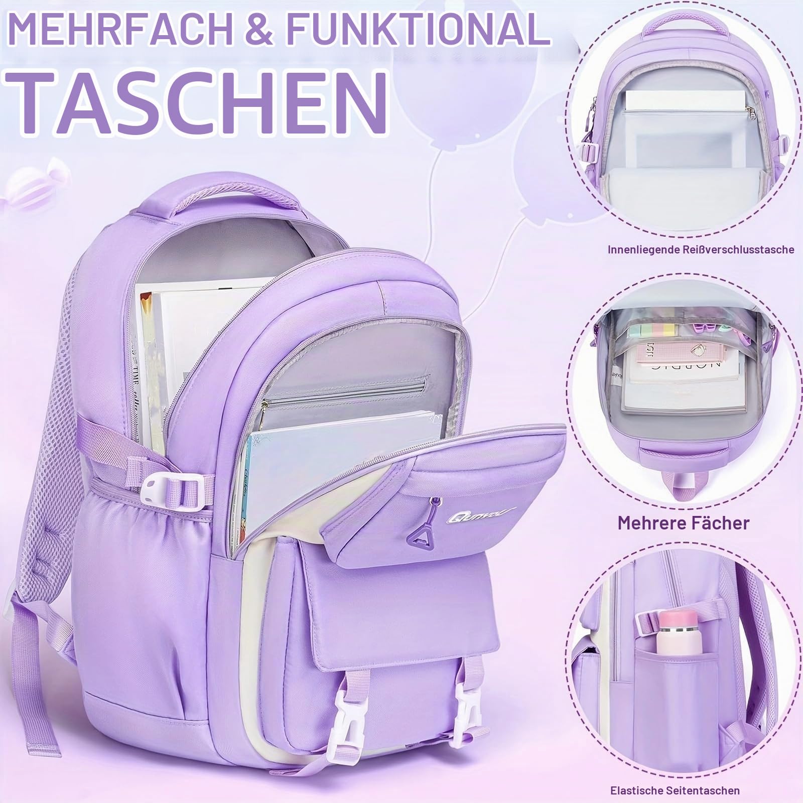 Amythe Set Schulrucksack Mädchen 3. bis 7. Klasse fur Schule | Schulranzen mit Lunch Tasche Federmäppchen für Schule Reisen für 15.6" Laptop-Lila, 22L