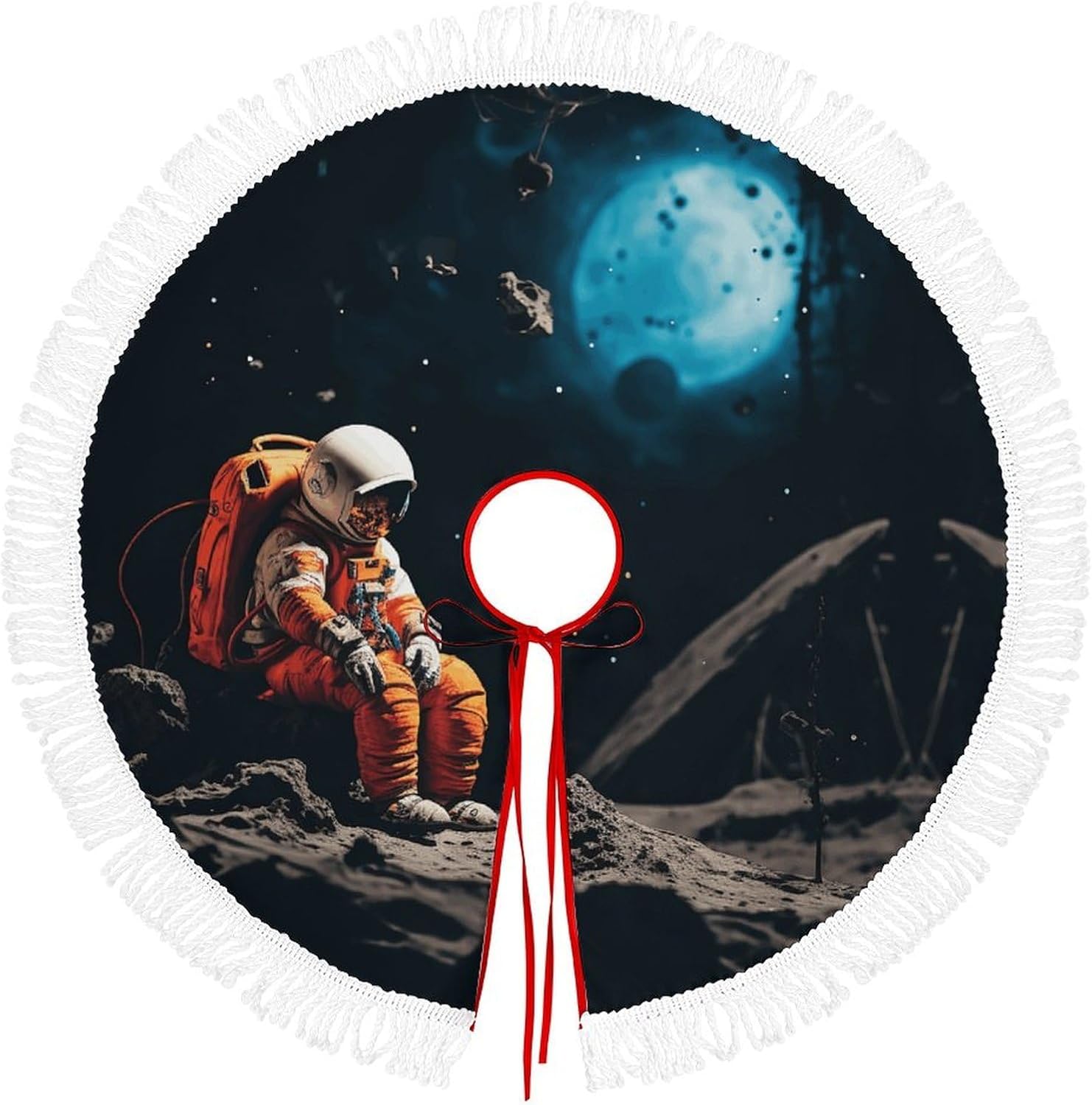 Astronaut Crashed on The Moon Christmas Tree Skirt with Tassels Winter Holiday Tree Mat Decoration Xmas Tree Skirts Christmas Ornament for Home Seasonal Decor