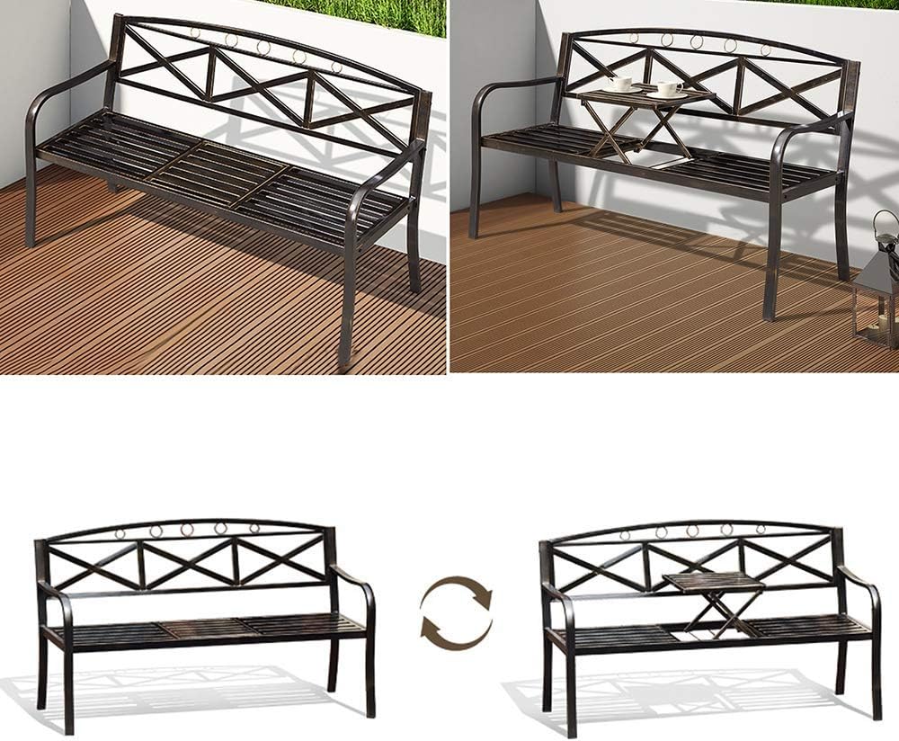 E Garden Bench Seat Stool 59in Garden Park Coffee Table Chair Outdoor Bench Garden Leisure Metal Chair with Lifting Table 2-3 Seater Anti-Rust and Weather Resistant Porch Chair Deck Entrance ( Without