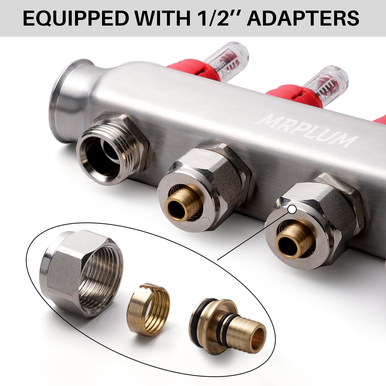 Kit de colector de calor de piso de acero inoxidable de 4 ramas con adaptadores de 1,27 cm incluidos para calefacción por suelo radiante hidrónico