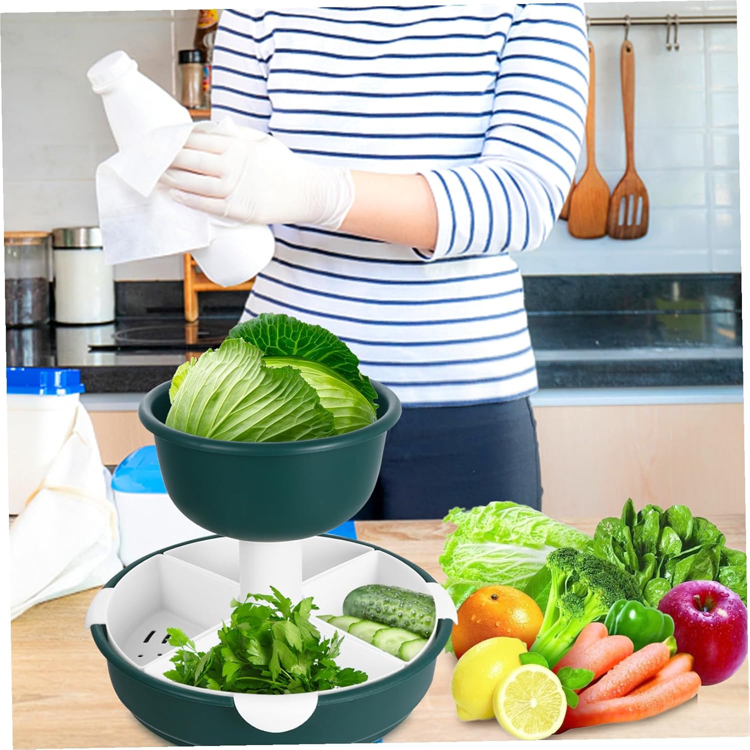 Double-layer Rotatable Vegetable and Fruit Basket for Kitchen Draining Storage Tray with Hollow Design Home Basket for Hot Pot and Food Cleaning Mint Green