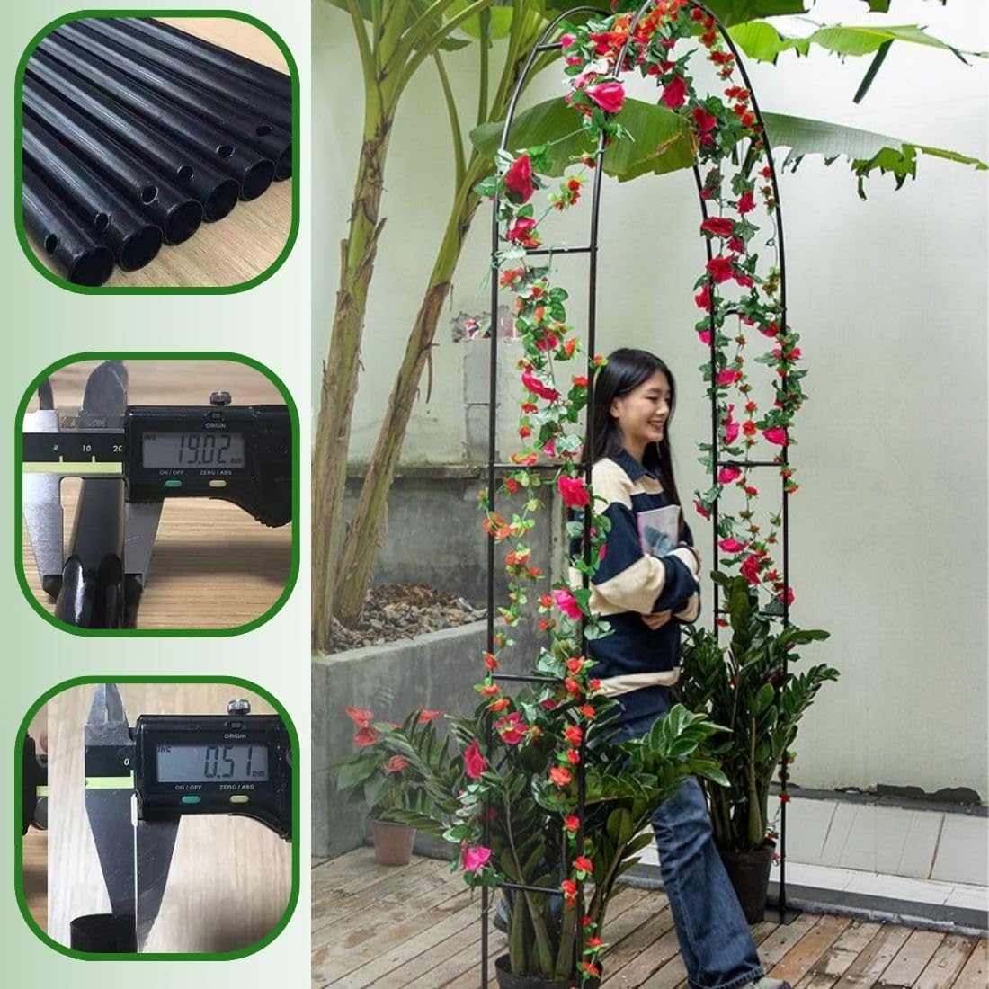 Arco da Giardino con Traliccio in Metallo con Base per Piante rampicanti, Rose, per Interni/Esterni, Facile da Montare, L 80-350 cm X A 200/220/230 cm (Verde, L 180 x A 220 cm)