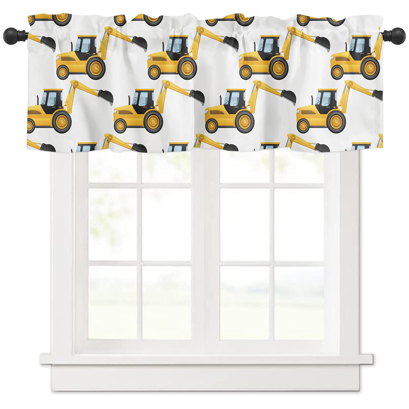 Construction Truck Short Rod Pocket Window Curtains for Bedroom, Half Window Tier Polyester Drapes 54x18inch Curtain for Kitchen, 1 Panel - Excavator Cartoon Yellow Children's Kids Machinery