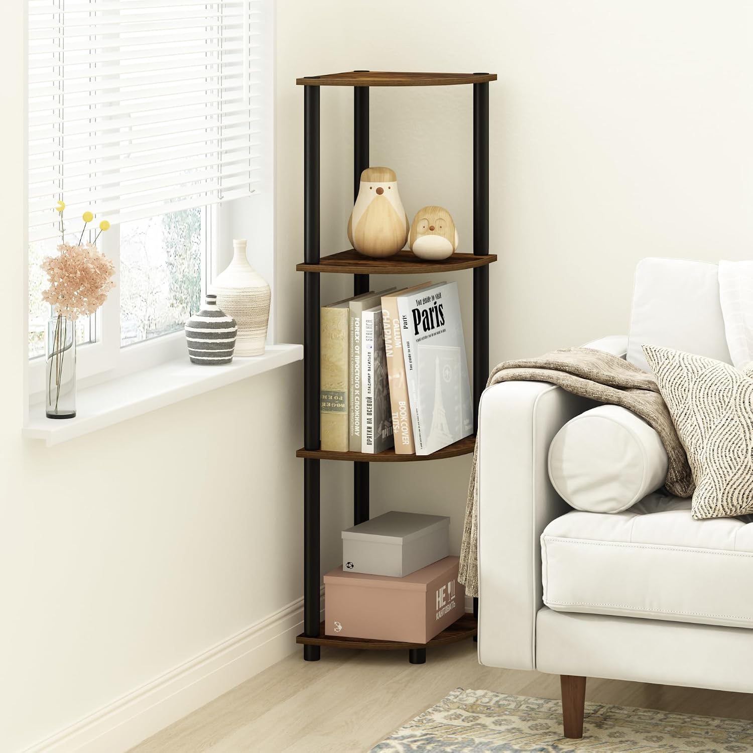 Furinno Turn-N-Tube Toolless Assembly 3-Tier Corner Shelf, Black Corner Book Shelf, Open Shelves Bookshelf, for Organization and Storage, Living Room, Home Office, Bedroom, Black Espresso
