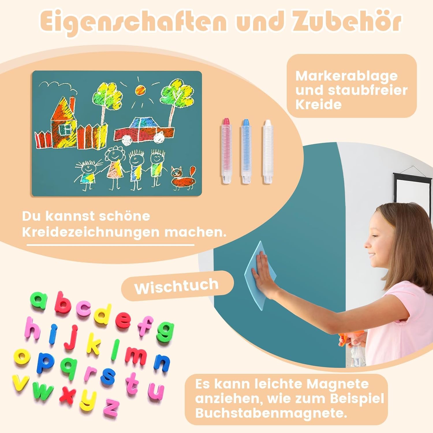 Magnettafel Kinder Selbstklebend, Magnetwand Groß 80x100cm, Magnetische Kreidetafel in Bogenform, Wandaufkleber mit 3 Staubfreie Kreide, 1 Reinigungstuch – Geschenk (Türkis)