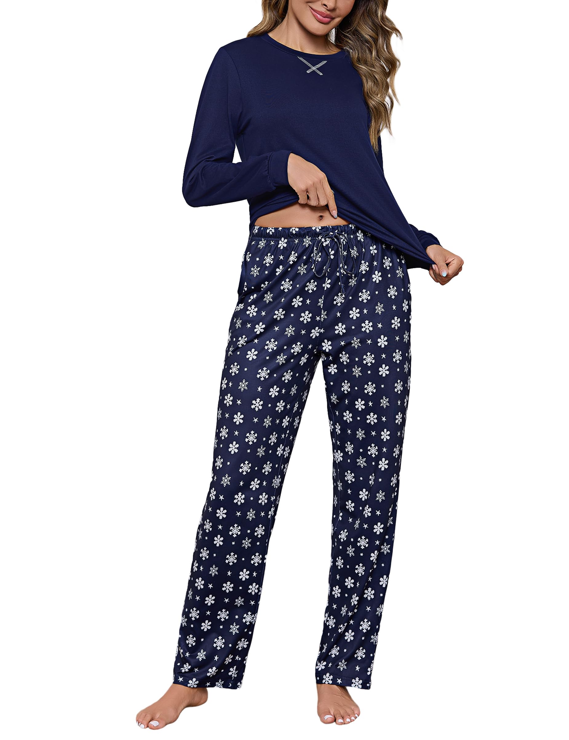 Bresdk Schlafanzug Damen Lang Baumwolle Zweiteiliges Pyjama Set Bequemer Hausanzug Langarm mit Stern Print Rundhals Schlafshirt Winter Nachtwäsche für Frauen XS-XXL