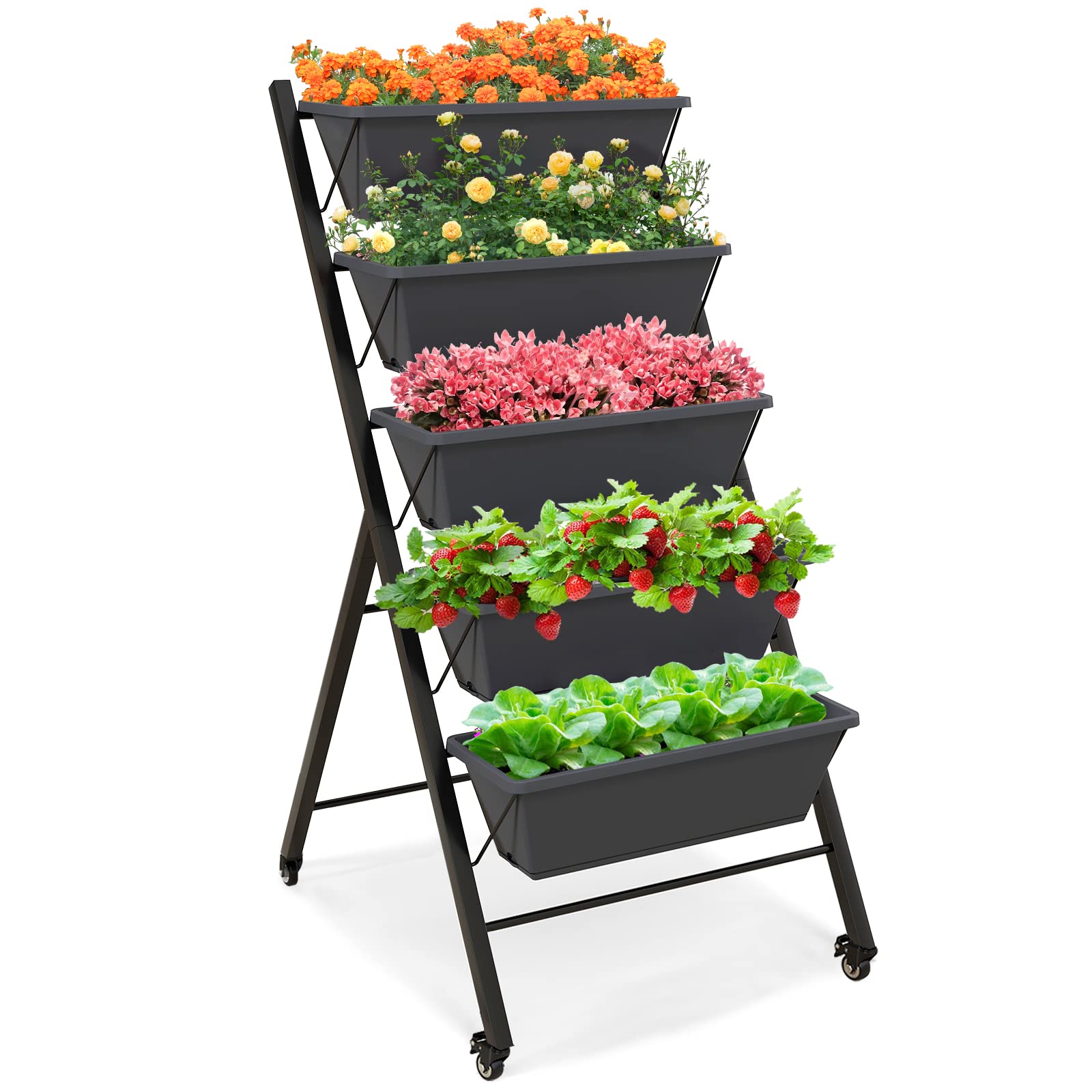 HOMASIS Vertikales Hochbeet mit 5 Etagen, Blumenbeet mit 5 Pflanzkästen, Vertikalbeet mit Rollen, Blumentreppe aus Metall, Gemüsebeet Blumenkasten für Balkon Garten (Schwarz, 57 x 68 x 117 cm)